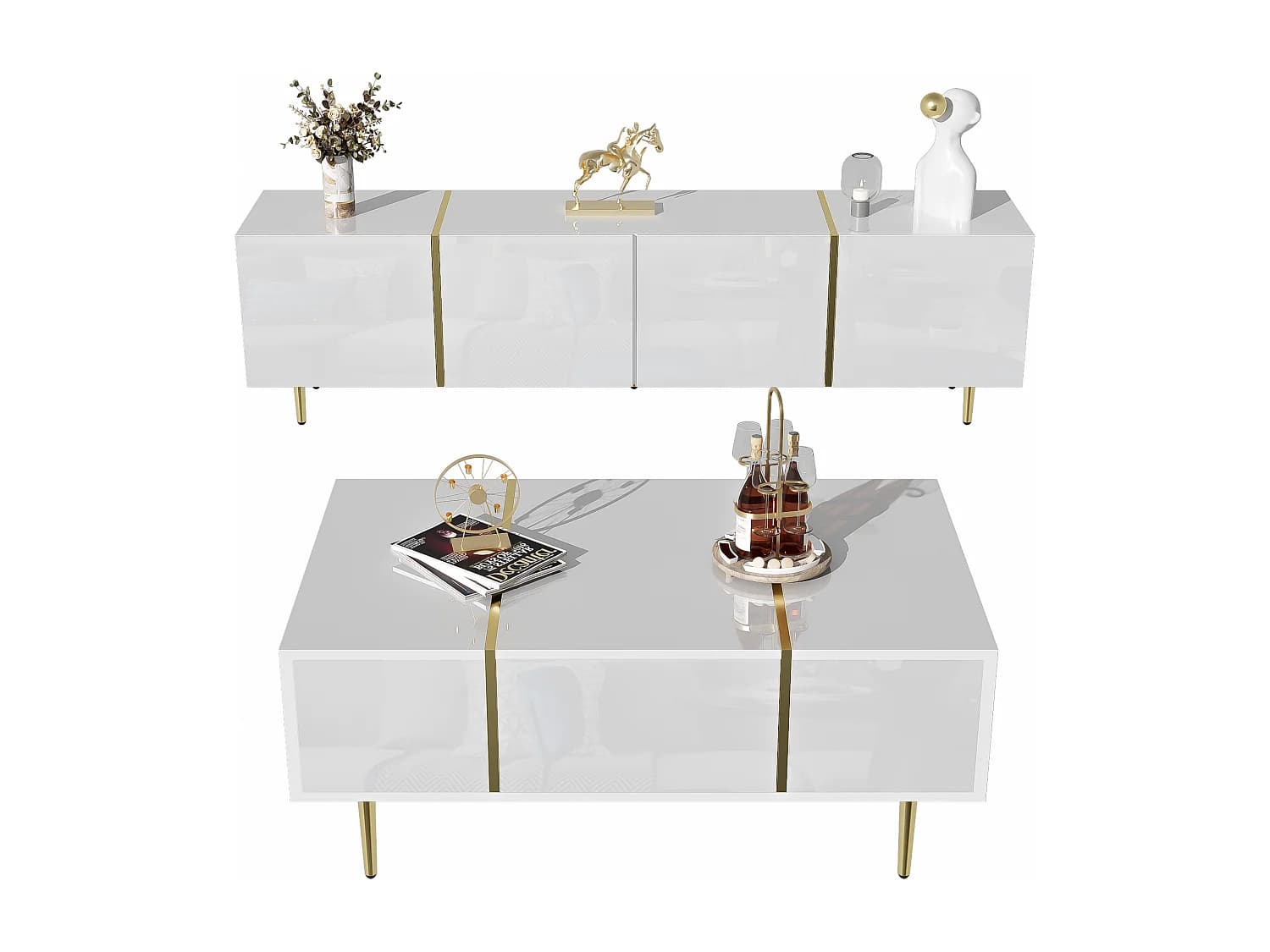 Set Meuble TV et Table Basse Haut Brillant Blanc, Design Élégant, MDF (170x35x46cm / 100x60x41.5cm)