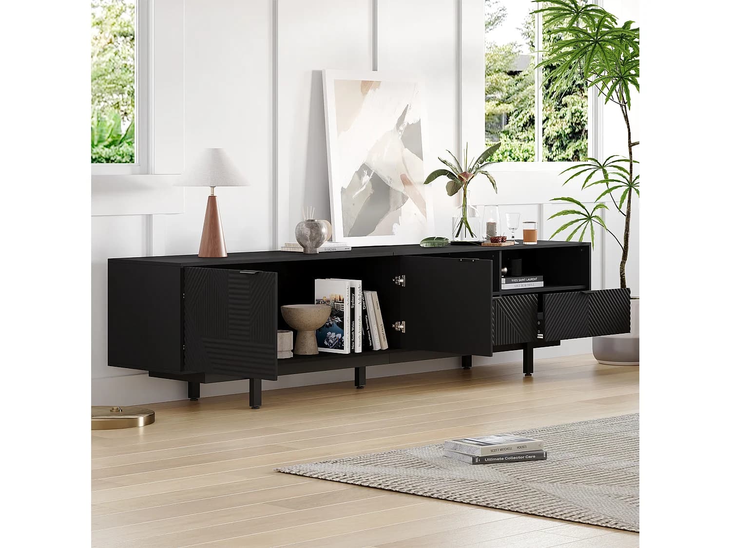 Meuble TV moderne design géométrique, 2 portes et 1 tiroir, pieds en métal, pour TV jusqu'à 90 pouces, noir (200x40x51 cm)