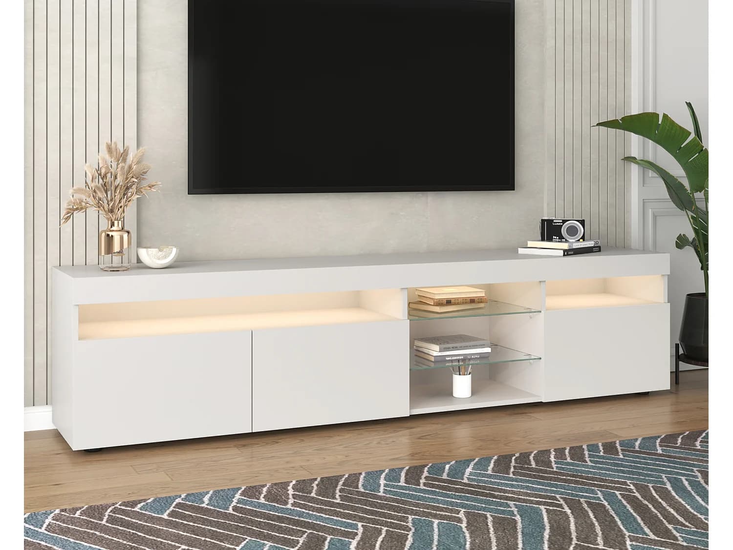 Meuble TV 180cm avec Éclairage LED, 3 Compartiments, Design Moderne en MDF Blanc, Téléviseur jusqu'à 49 pouces (180x35x45cm)