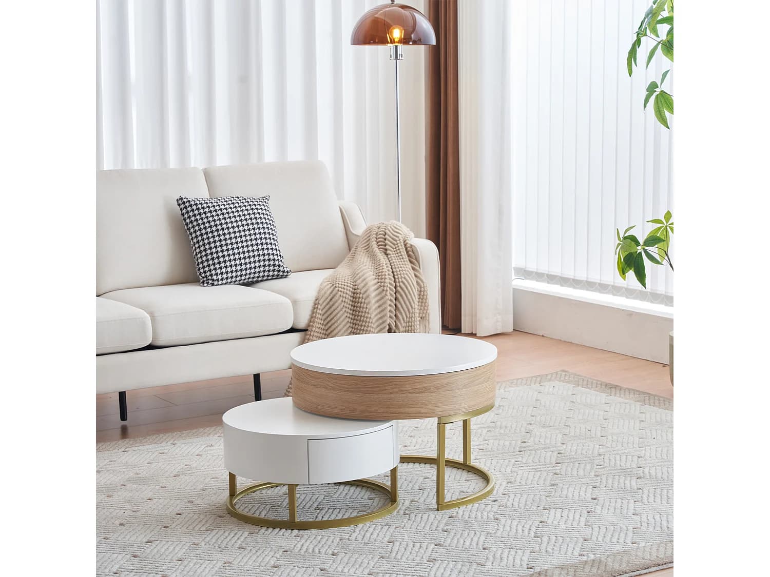 Table basse réglable en hauteur, table de salon moderne avec 2 tiroirs, blanc et couleur bois