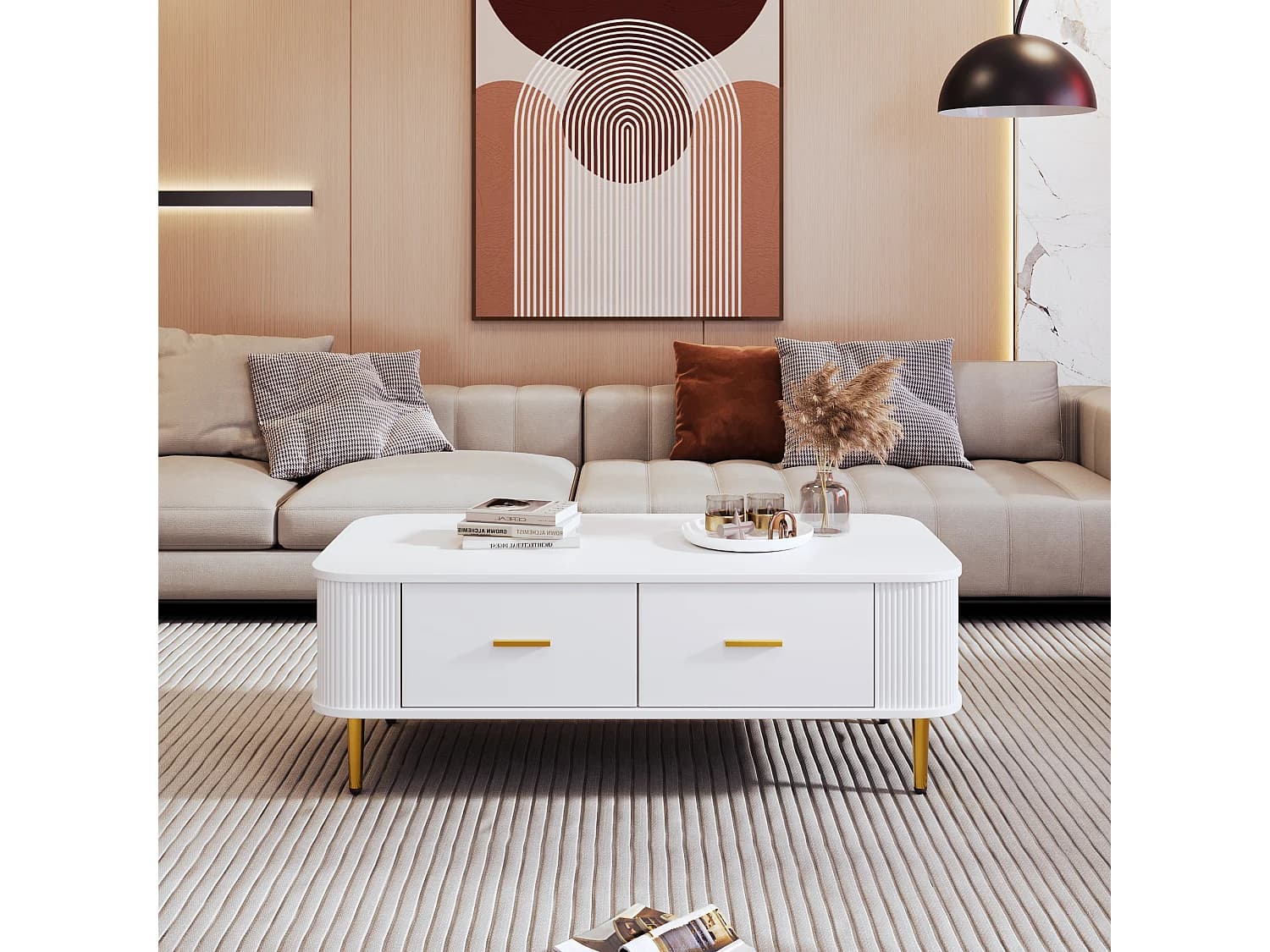 Table Basse Bois avec 4 Tiroirs, Coin Arrondi, Poignées et Pieds de Table Dorés, Blanche