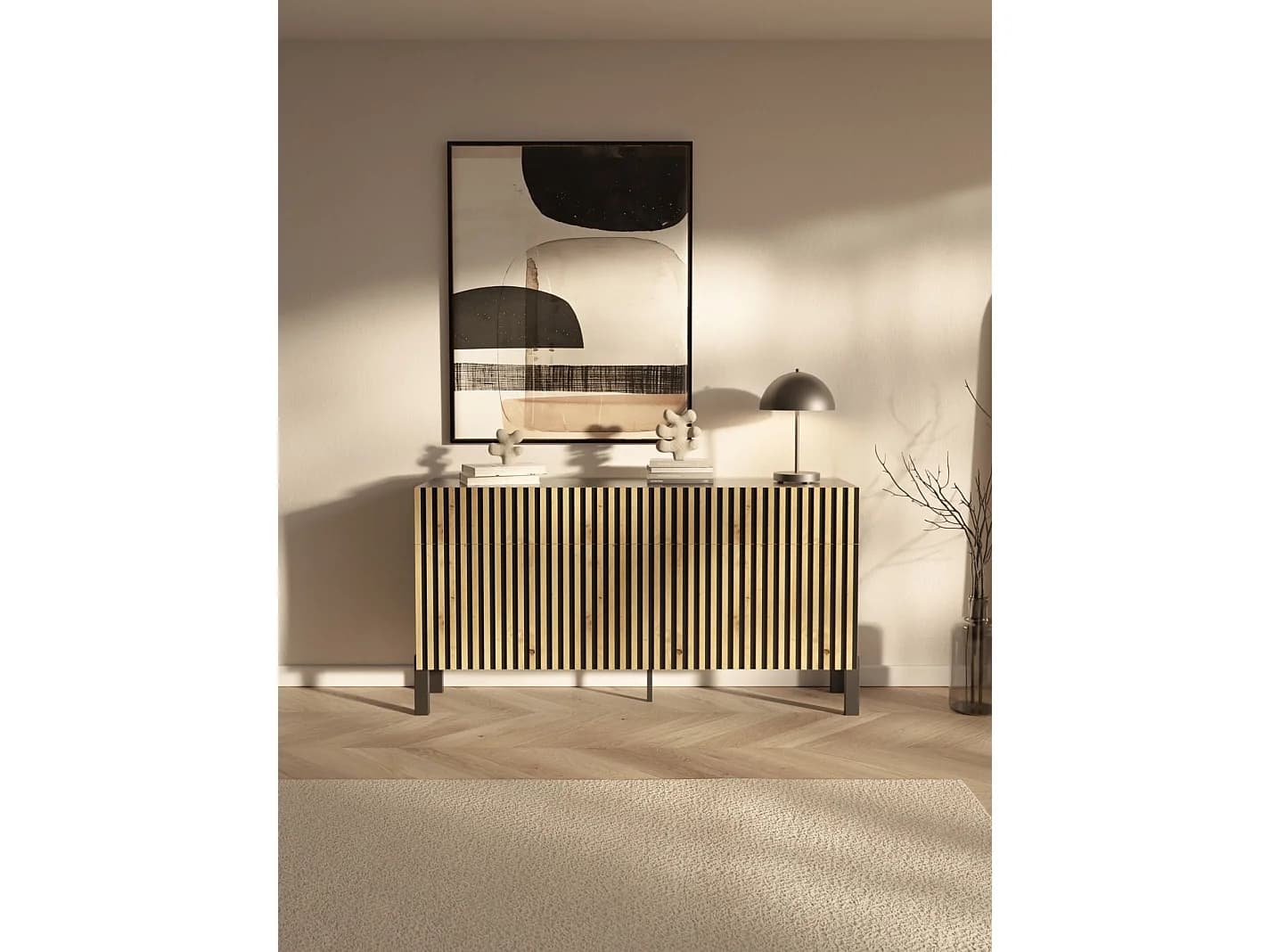 Buffet 3 portes – trois tiroirs et façade à lamelles – 154 cm – noir/chêne artisan – TELIRE