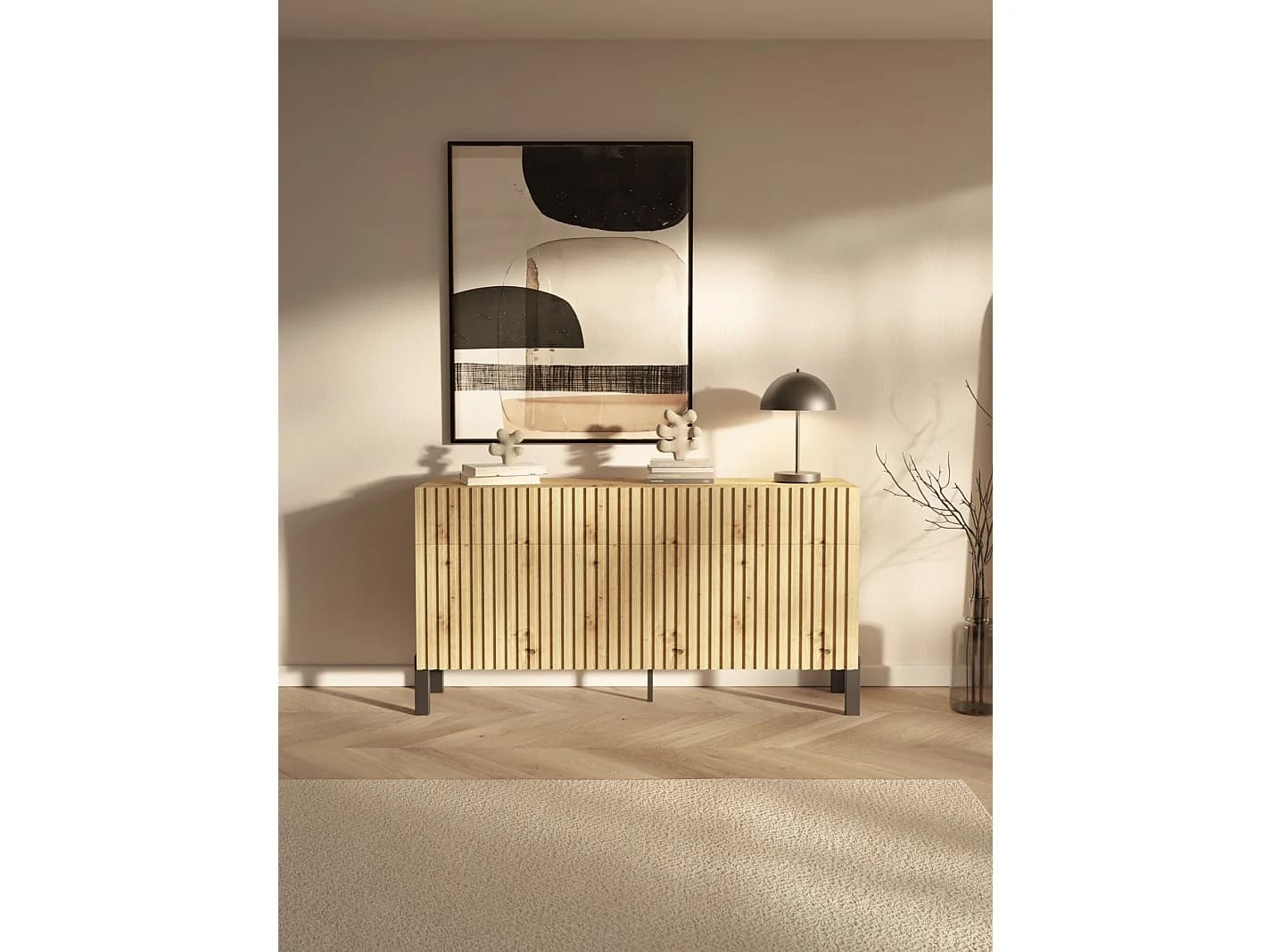 Buffet 3 portes – trois tiroirs et façade à lamelles – 154 cm – chêne artisan – TELIRE