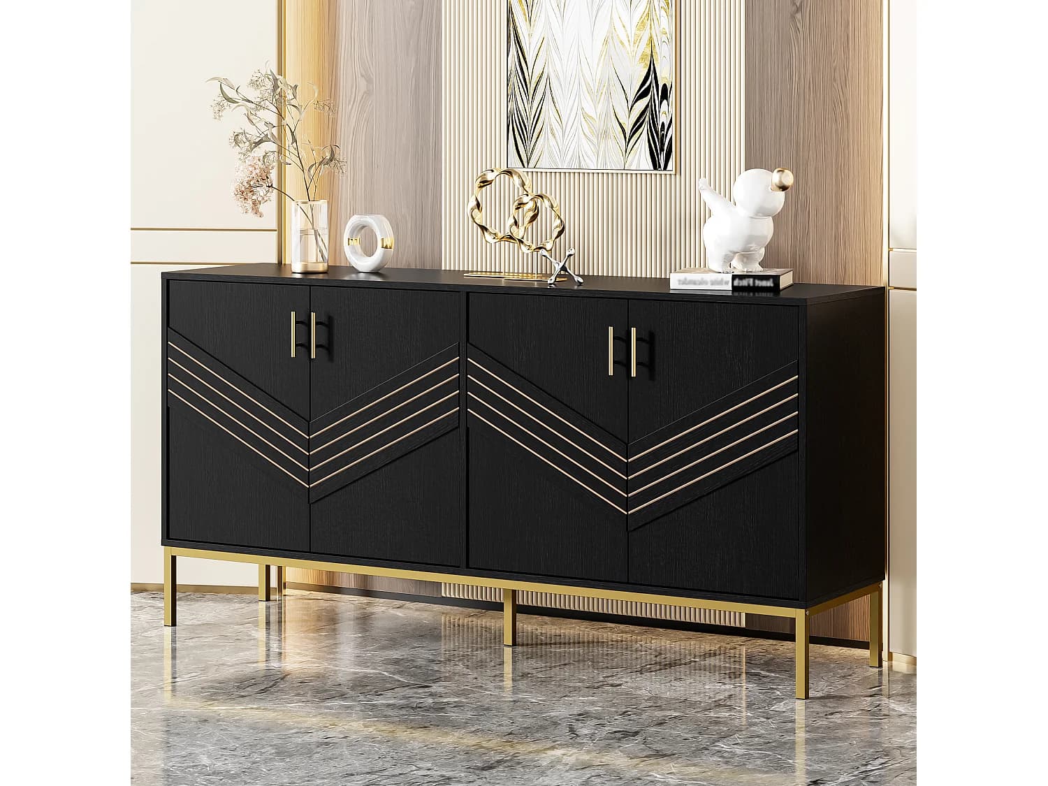 Buffet noir - Buffet avec 4 portes et pieds en métal - étagères réglables en hauteur - pour salon et salle à manger