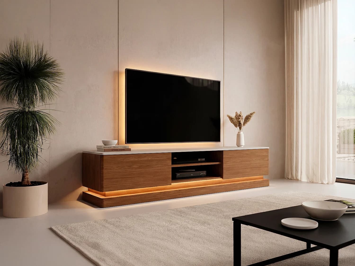 Meuble TV 2 tiroirs et 2 niches avec LEDs en MDF - Naturel foncé et beige - DEVIKA