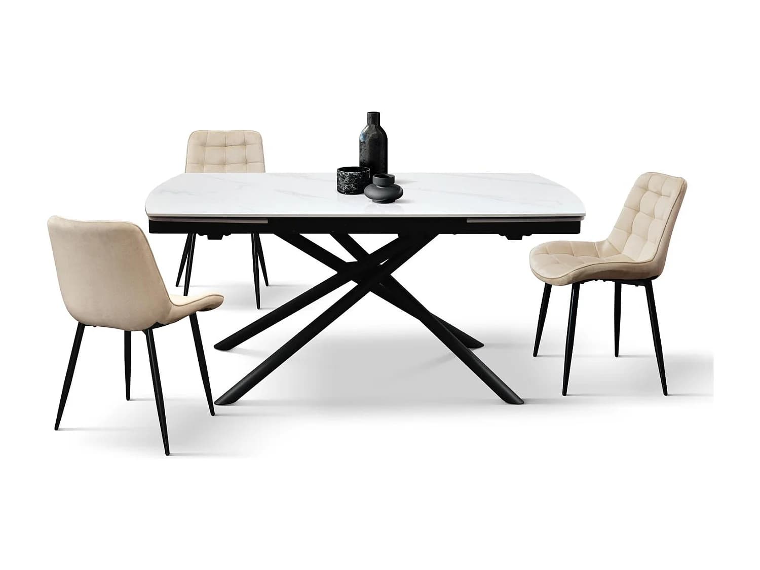 Table en céramique blanche, piètement en métal noir, extensible 160x90-240x90 cm - BONIFACIO