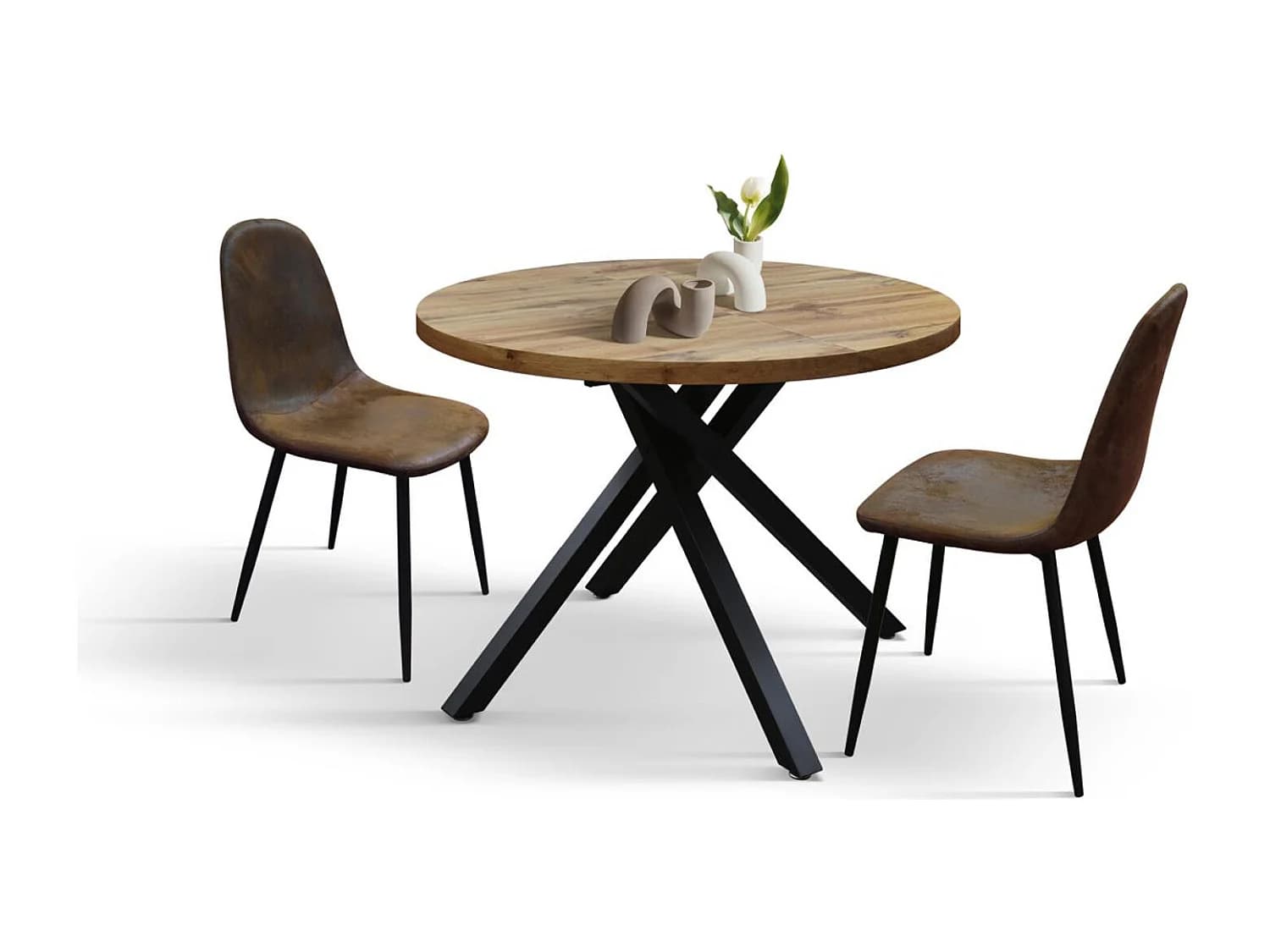 Table ronde en bois, finition chêne, pieds en métal noir, Ø100xH75-140x100x75 - POLA