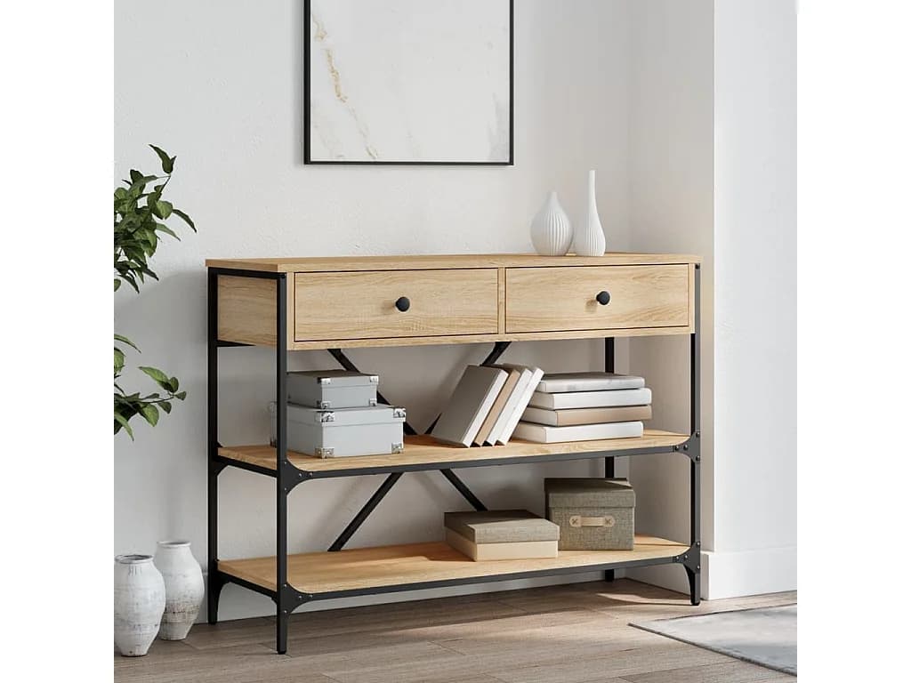 Table console avec tiroirs et étagères chêne sonoma