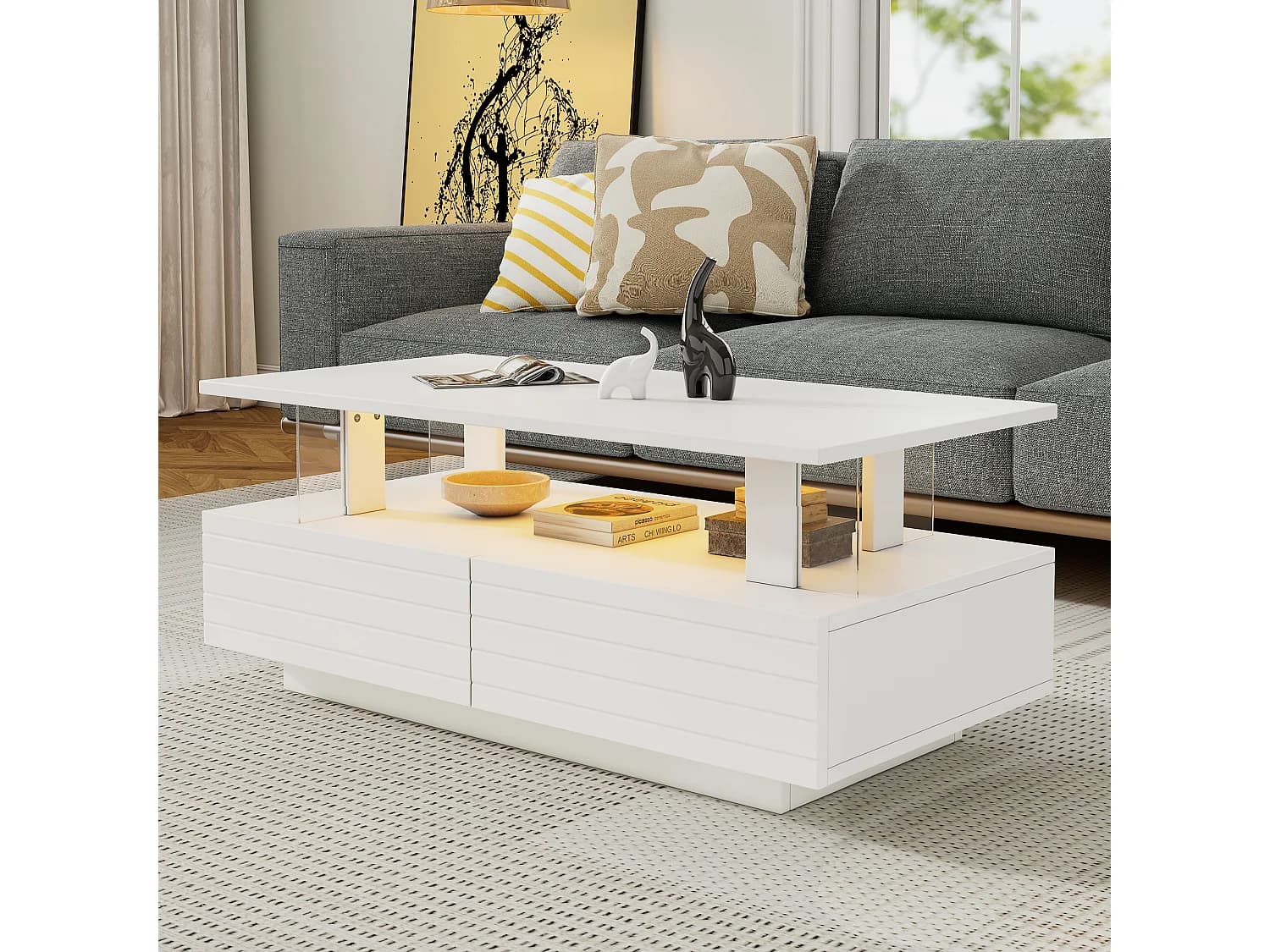 Table basse LED blanche avec rangement, table basse acrylique, design moderne avec contrôle Bluetooth via application mobile, 100x50x42 cm