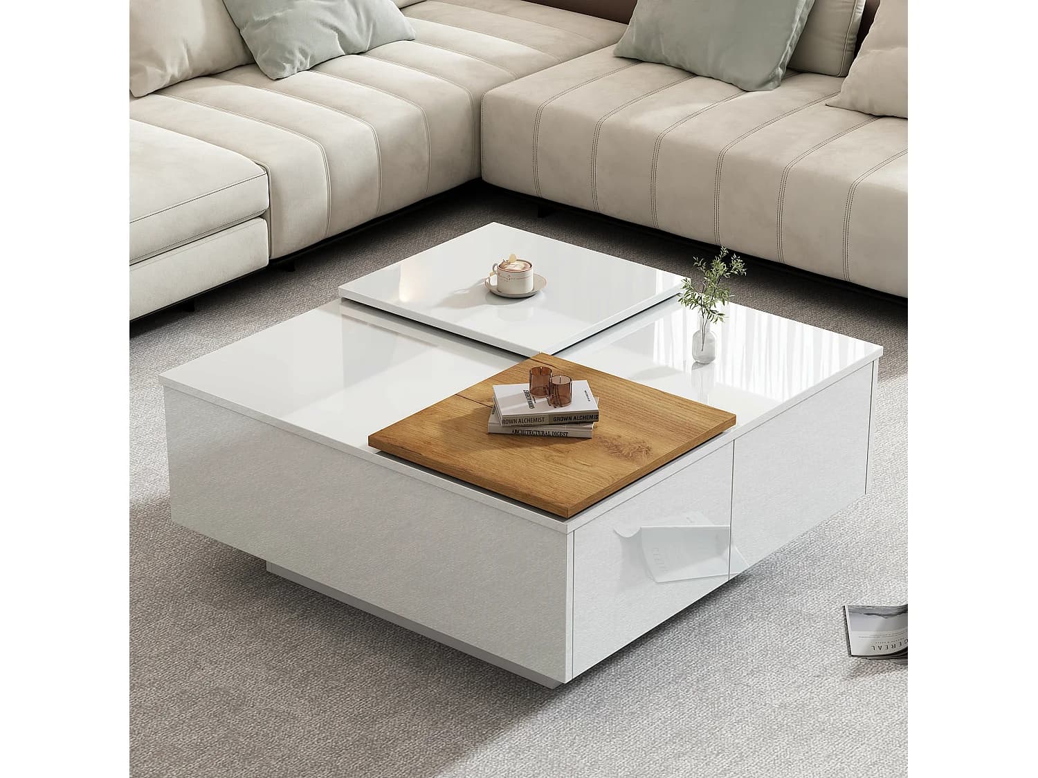 Table basse moderne en bois laqué blanc avec plateau mobile, MDF, (75x75x33.5 cm)