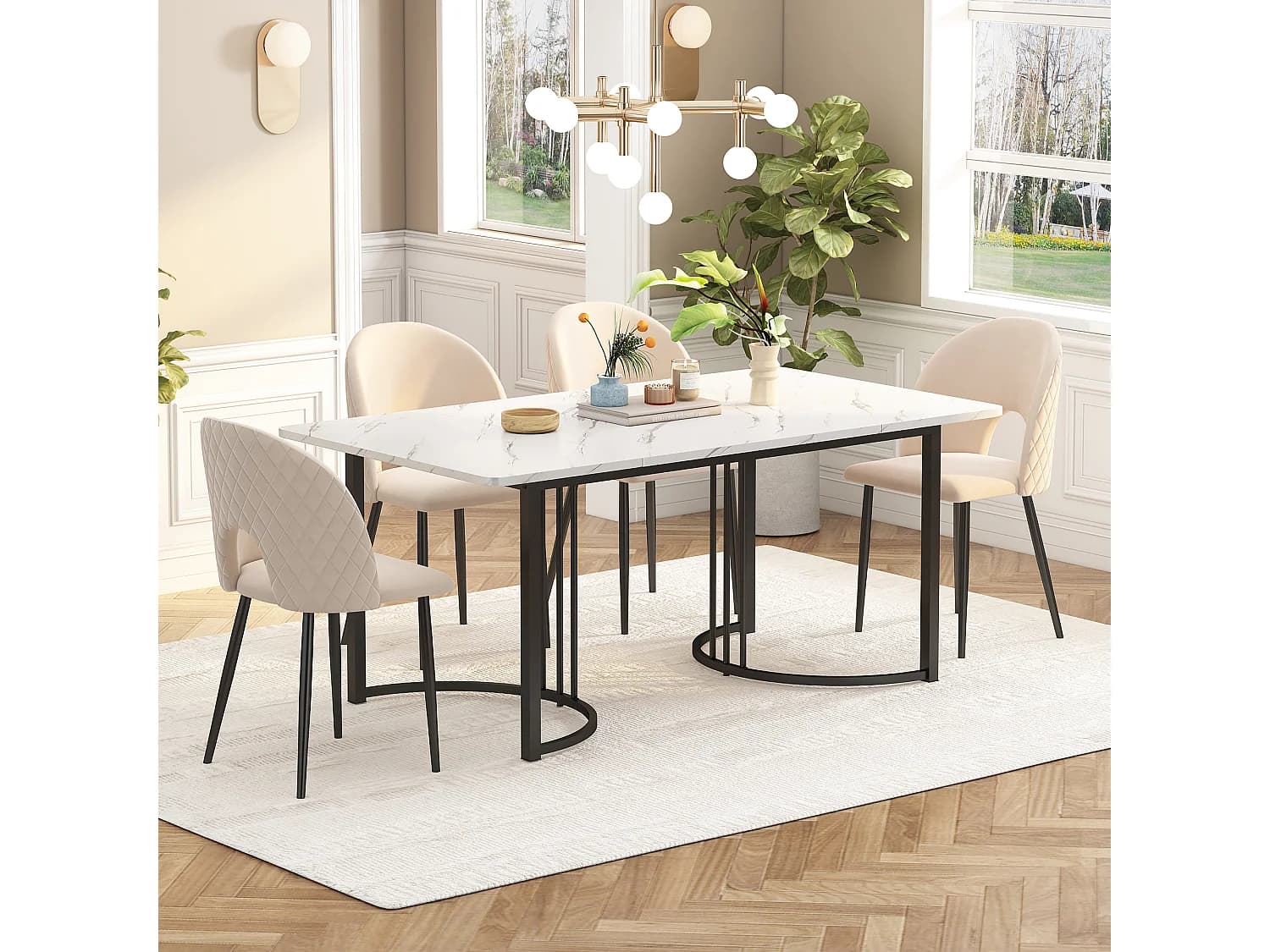 Table de salle à manger moderne 140x80cm, en MDF blanc avec pieds métalliques dorés, surface en marbre (140x80x75 cm)