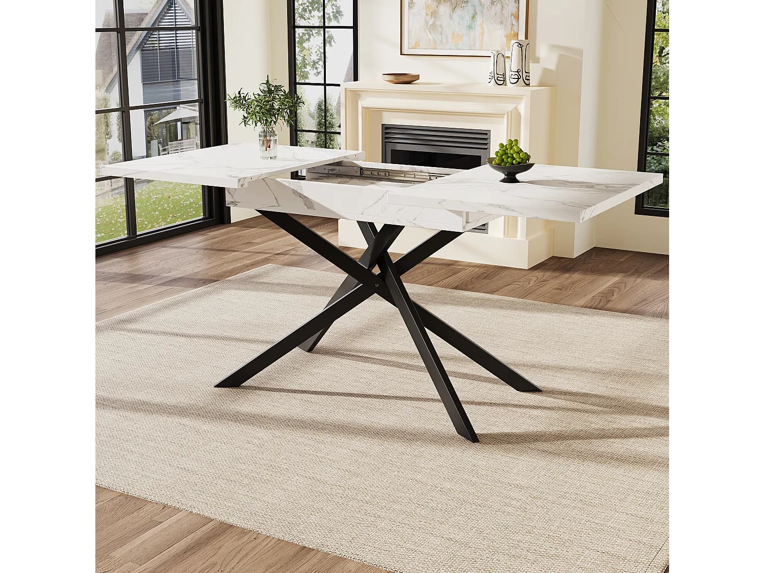 Table de Salle à Manger Téléscopique (120-160 cm), Table Extensible avec Plateau MDF Marbré Noir, Pieds Croisés en Métal, Pour Cuisine et Salon