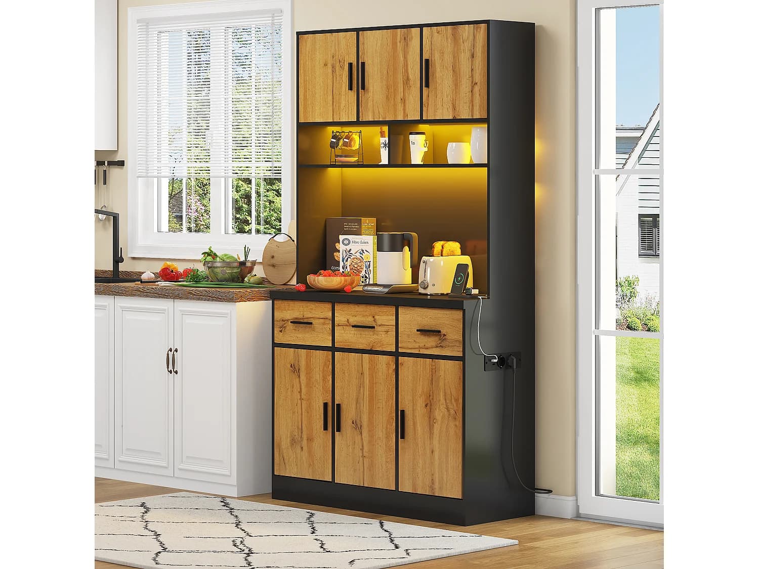 Buffet haut noir - Buffet avec 6 portes et 3 tiroirs - lumière LED et chargement USB - pour cuisine et salle à manger