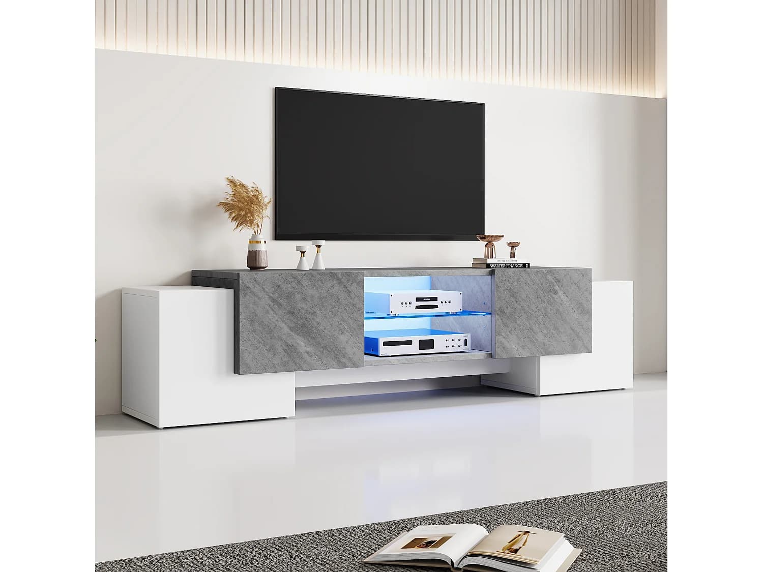 Meuble TV blanc - Meuble TV avec 4 portes et éclairage LED - pour salon et chambre