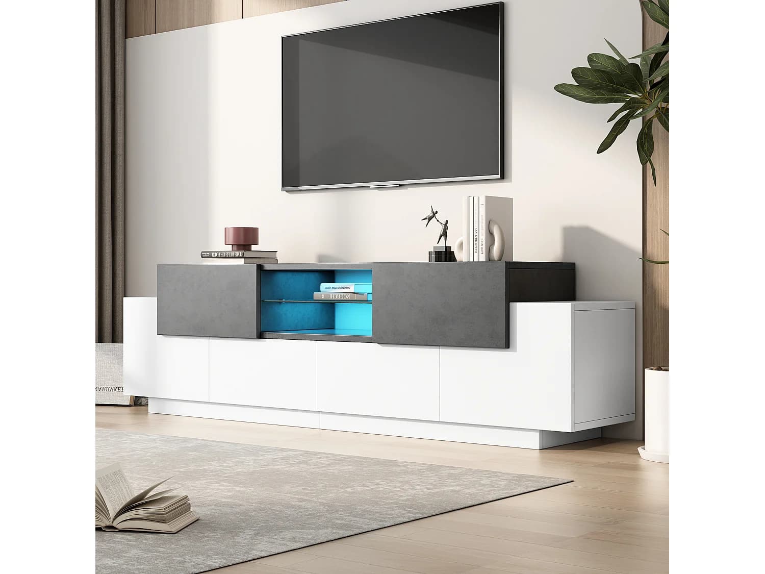 Meuble TV blanc - Meuble TV avec 4 portes et 2 tiroirs - avec éclairage LED et étagères en verre - pour salon et chambre