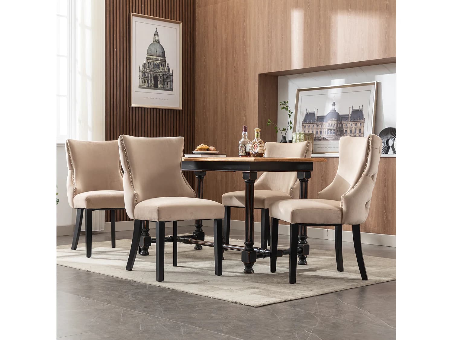 Lot de 4 chaises de salle à manger, velours beige, chaise rembourrée avec dossier, pieds en bois
