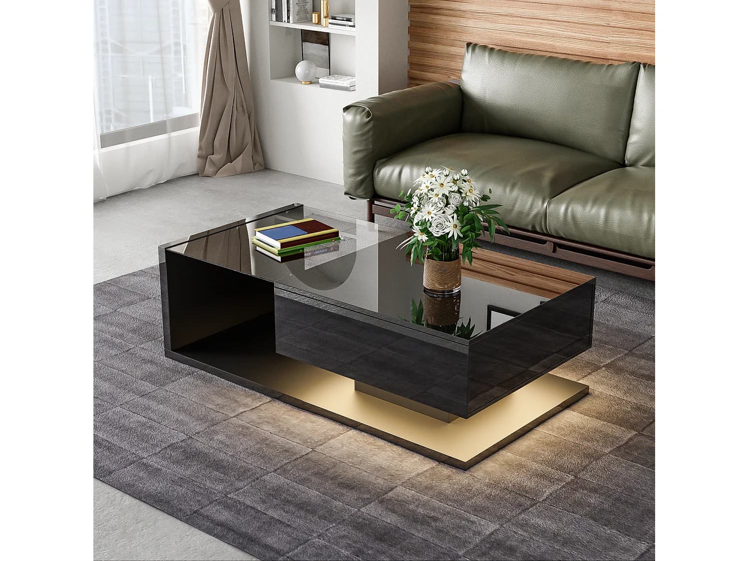 Table basse salon noir brillant avec verre trempé et LED , 1 tiroir, 105x55x32,5 cm