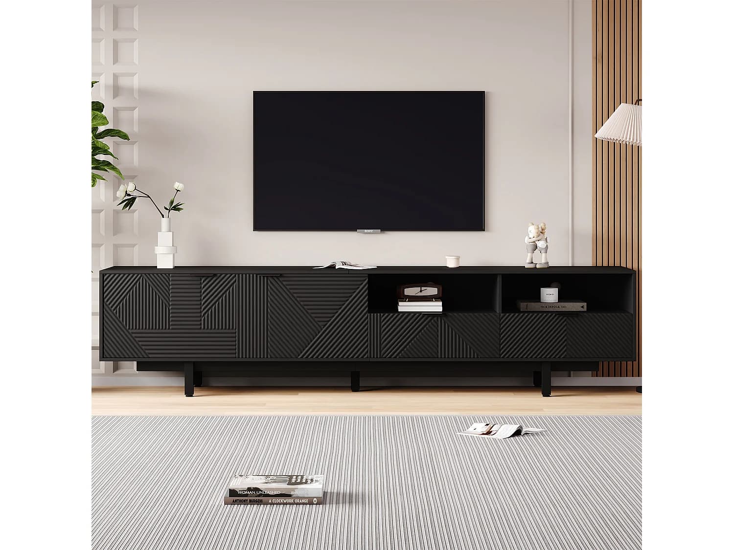 Meuble TV 200 cm, meuble TV noir avec 2 portes et 2 tiroirs, pour salon et bureau