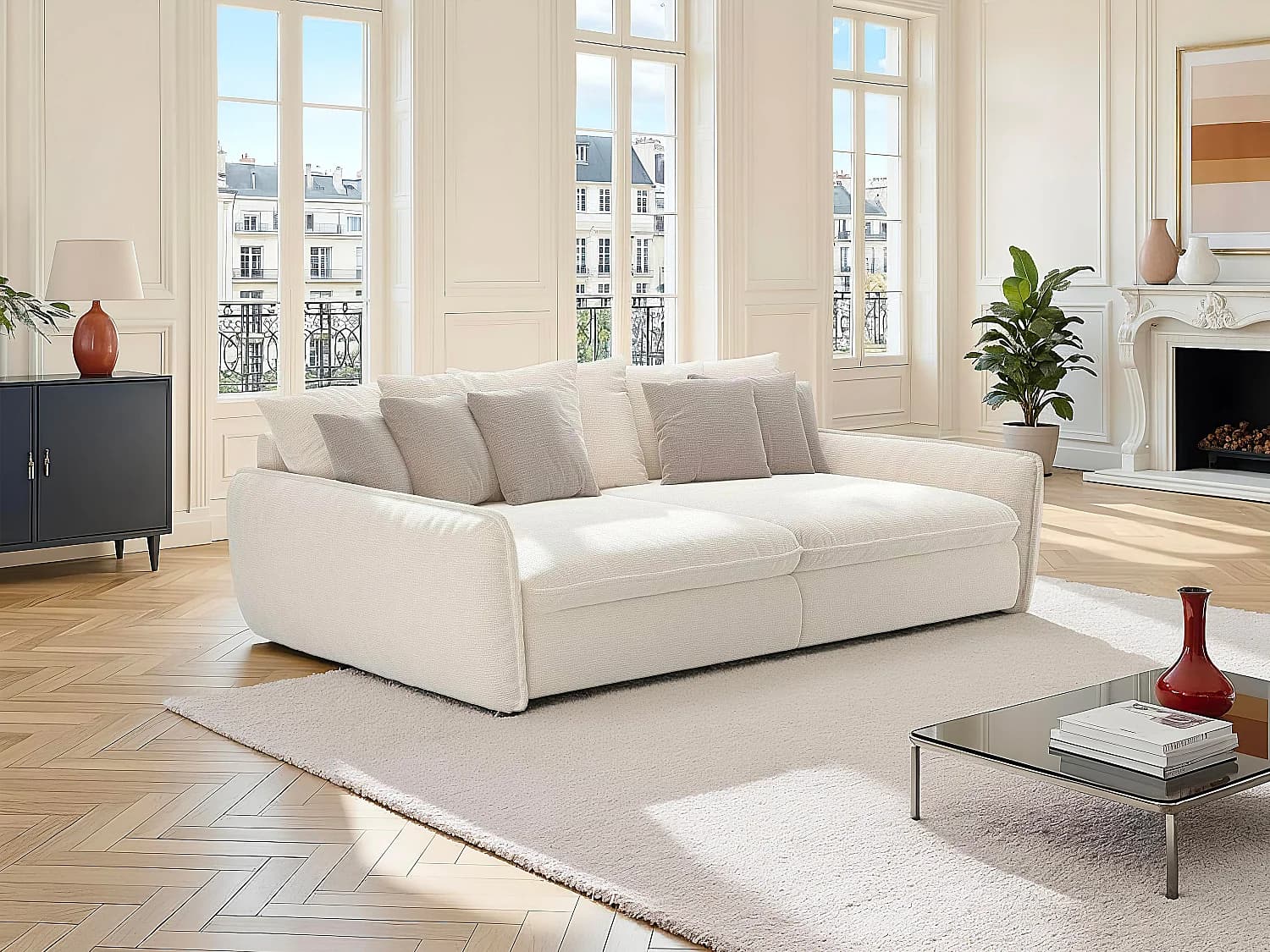 Canapé 4 places confort assise profonde en tissu chenille beige GIANOLA de Maison Céphy