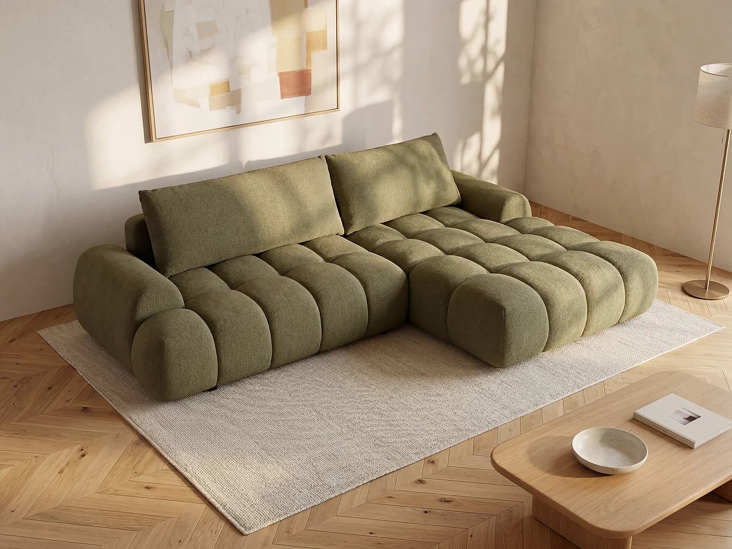 Canapé d'angle droit convertible en tissu chenille vert FARNETA