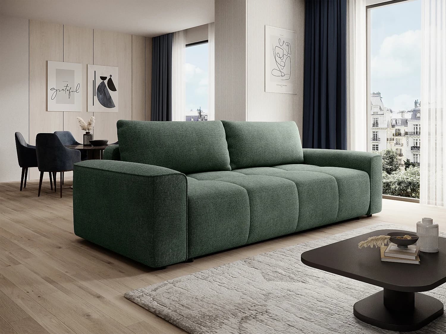 Canapé 4 places convertible en tissu texturé vert sapin MINTURNO