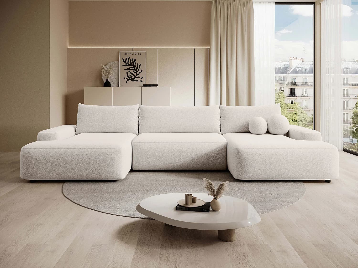 Grand canapé d'angle panoramique convertible en tissu chiné crème DAVISO