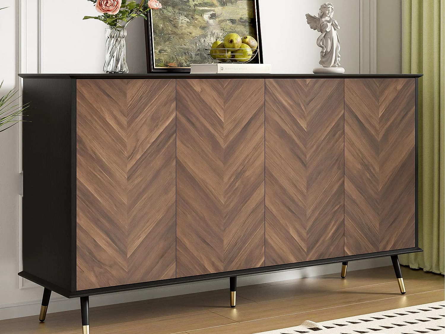 Buffet moderne 140x40x90cm - avec 4 portes - Étagères réglables - MDF - noir + marron