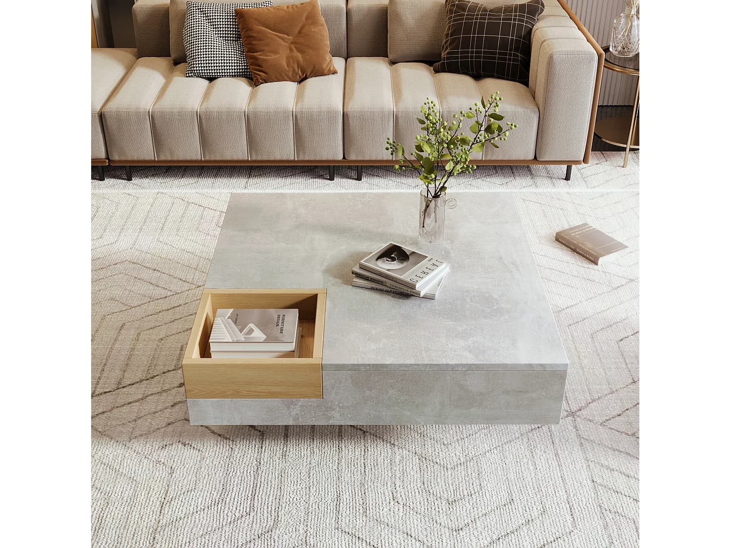 Table basse avec boîte de rangement amovible, design béton gris et bois, MDF, 72x72x30 cm
