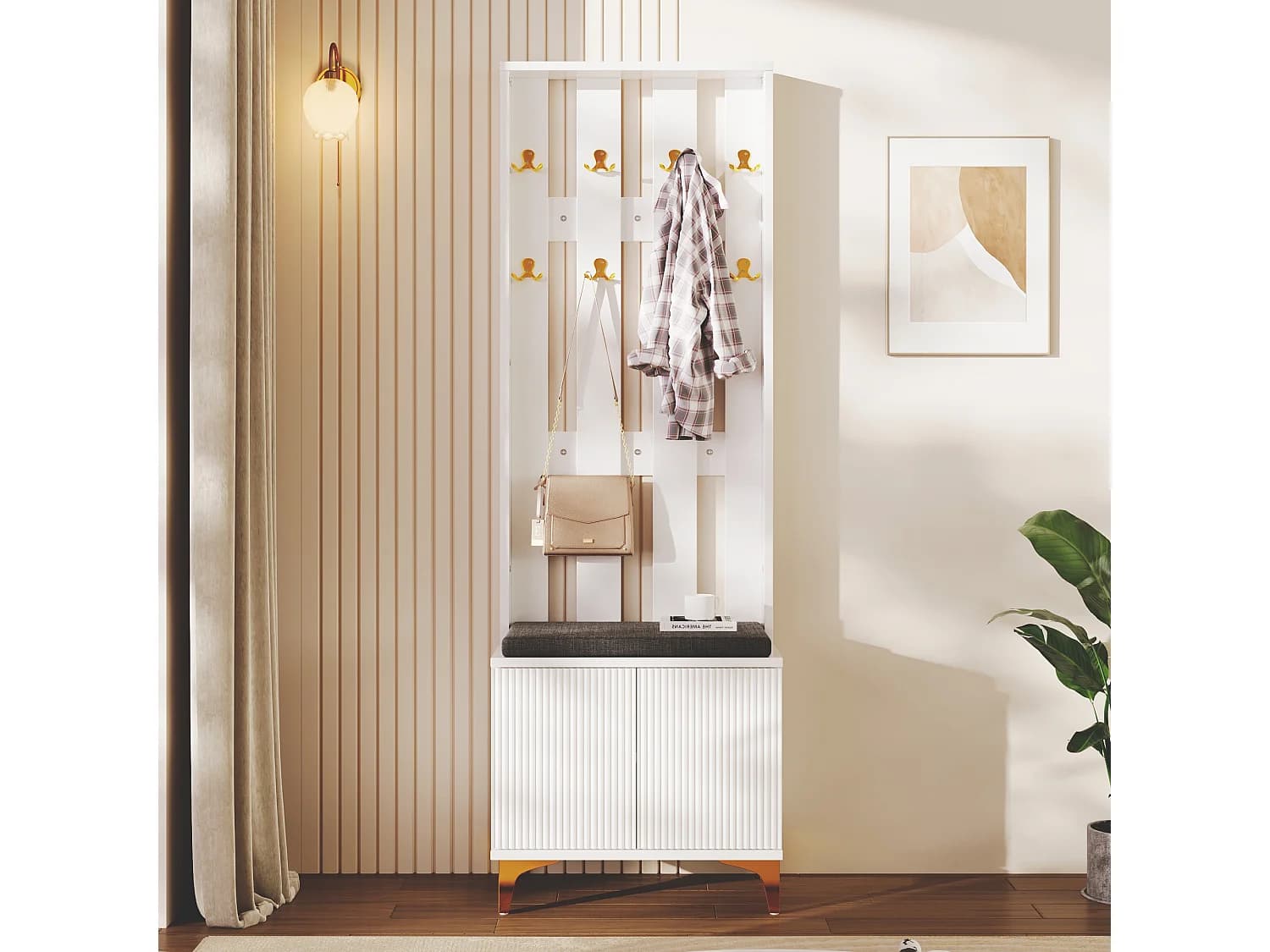 Garde-robe avec banc à chaussures et coussin, design moderne, panneau de particules, blanc et doré (60.5x180.5x35.2 cm)