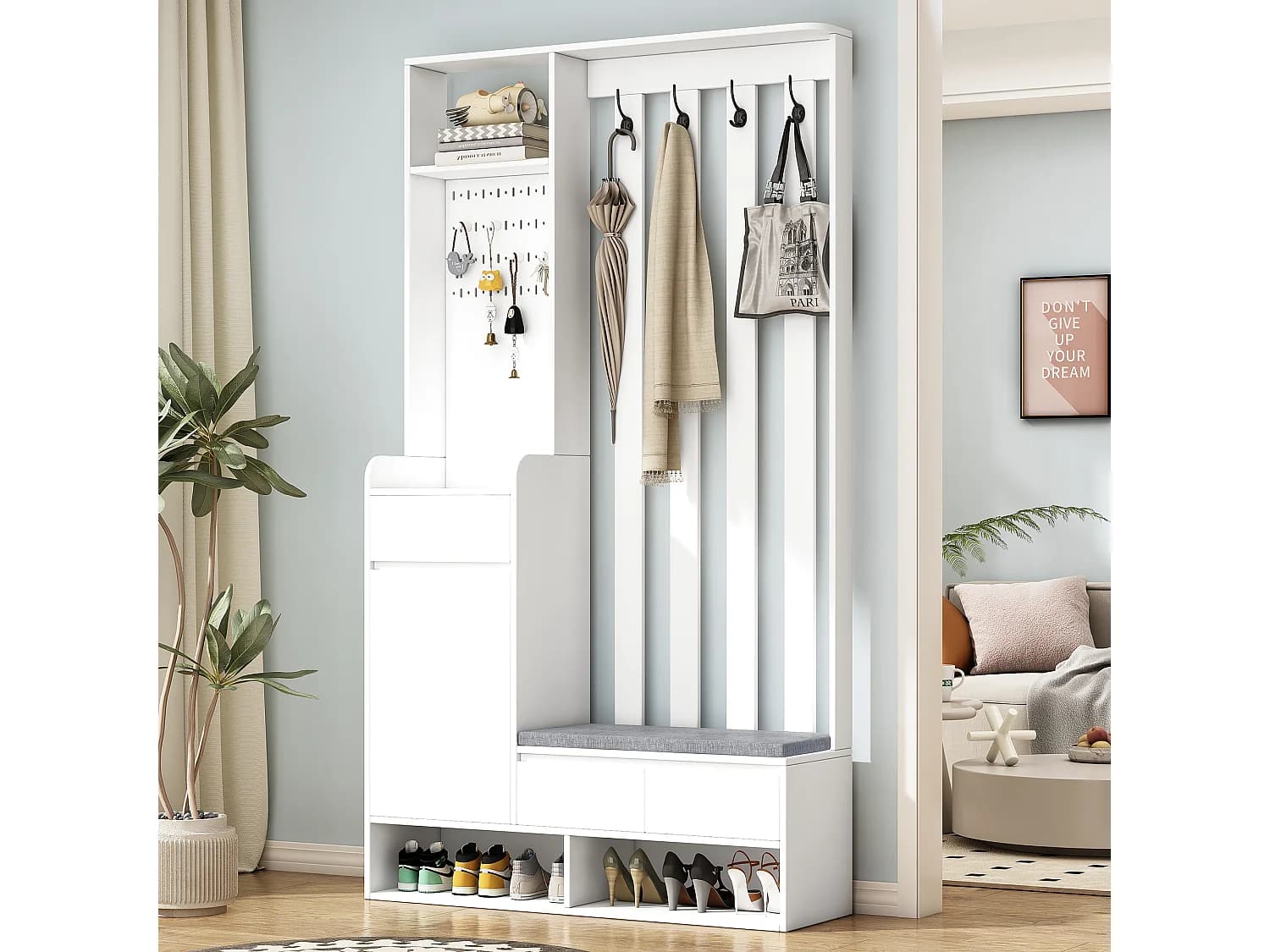 Ensemble de garde-robe avec banc de rangement, porte-manteau, 4 crochets, MDF blanc (H180 x L100 x P35 cm)