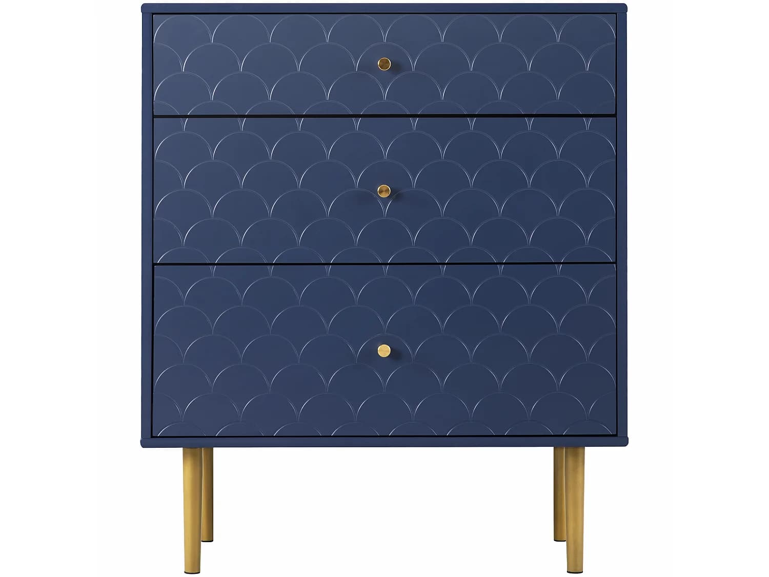 Commode buffet haut avec 3 tiroirs bleu marine motif d'écailles pieds dorés H89/L75/P40 cm