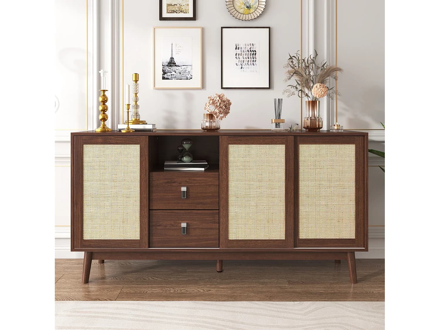 Buffet effet bois noyer avec 3 portes coulissantes en rotin et 2 tiroirs 155x38x80cm