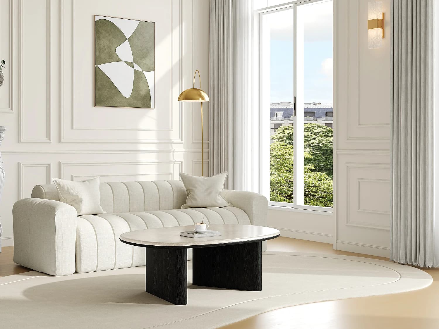 Table basse en marbre et placage chêne - Beige et noir - CORMINA