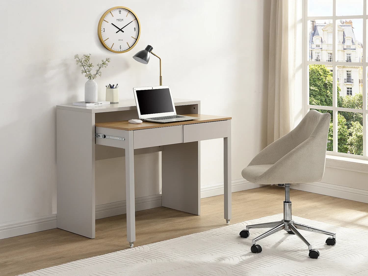 Bureau console extensible avec 2 tiroirs - Beige et naturel - LOAVIA