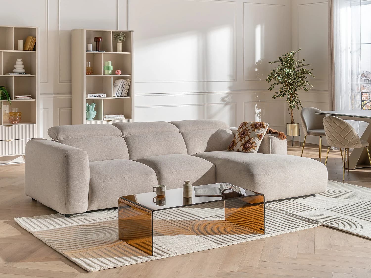 Canapé d'angle droit en tissu chiné beige NELORIM