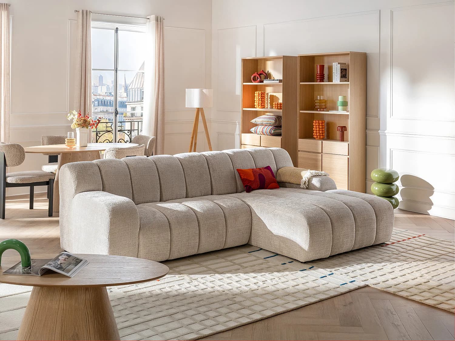Canapé d'angle droit en tissu chenille beige BELADON