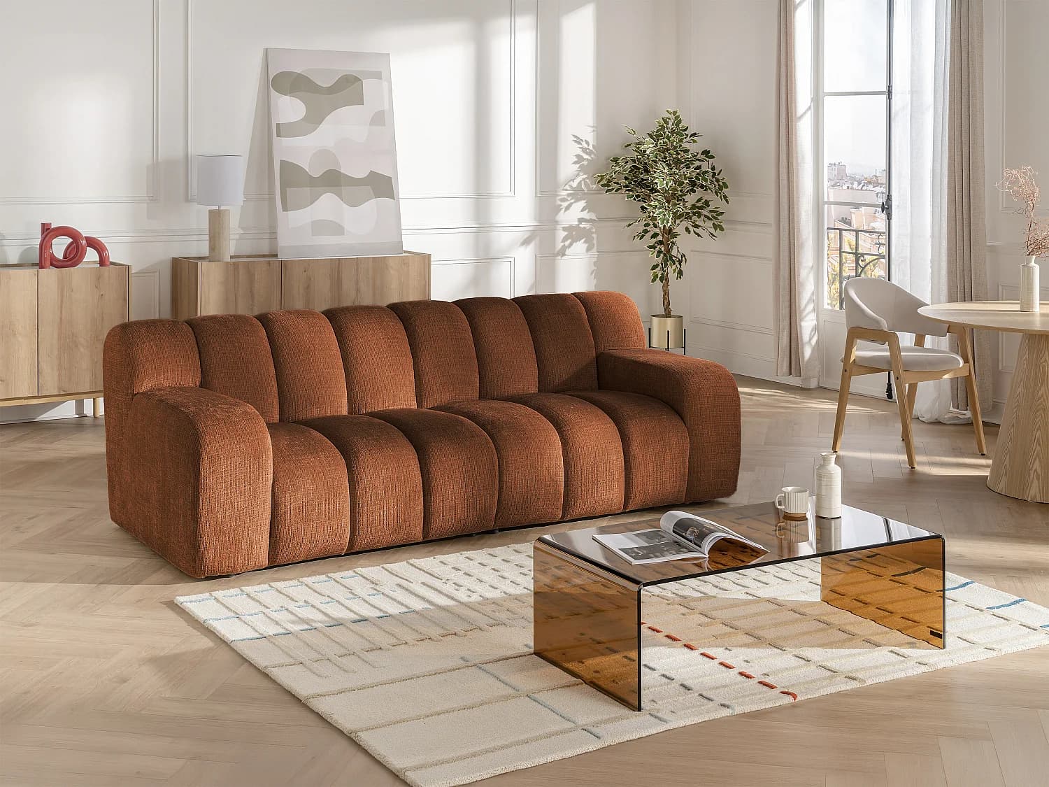 Canapé 3 places en tissu chenille terracotta BELADON