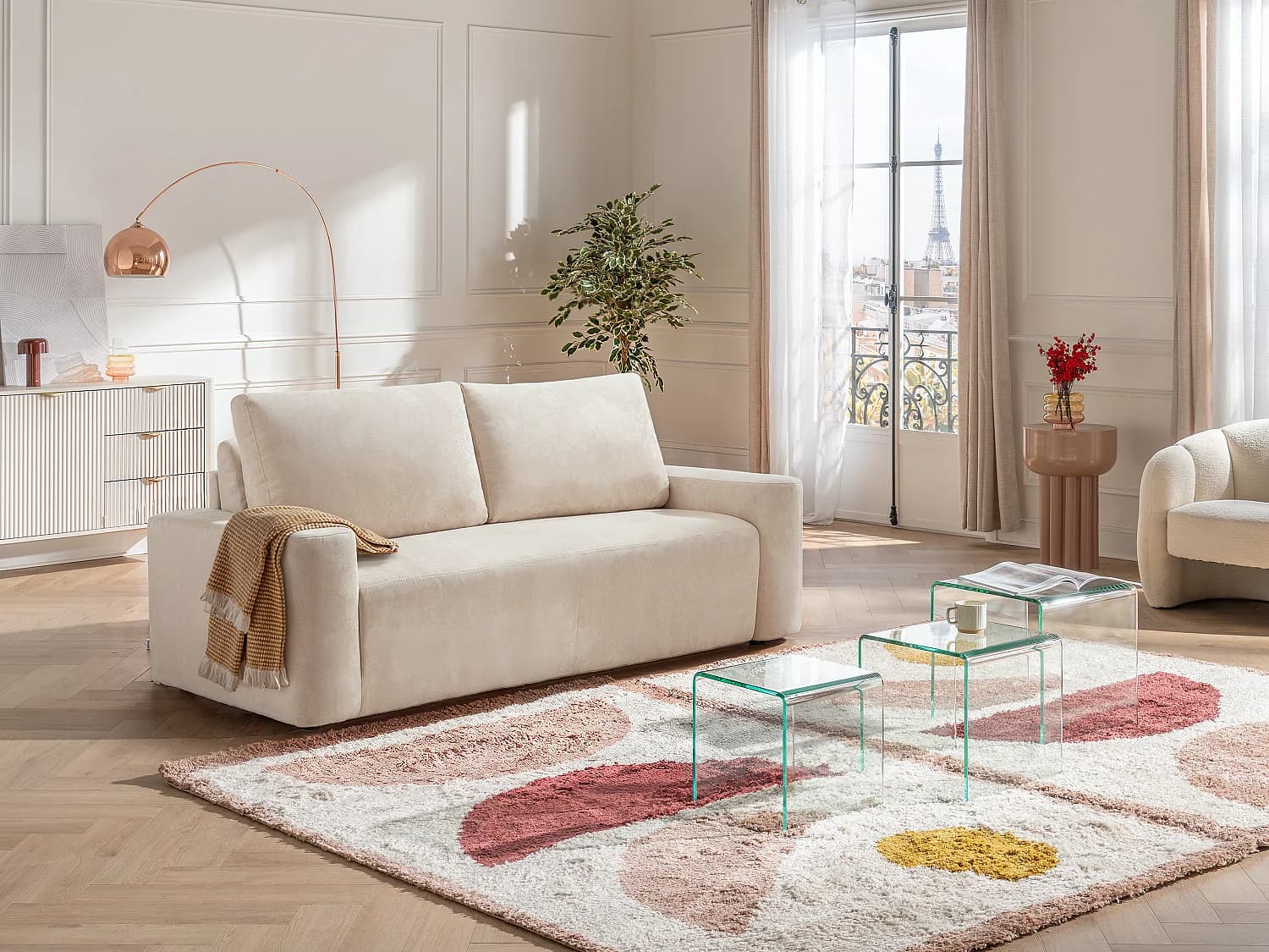 Canapé 3 places convertible express en tissu texturé beige - Couchage 140 cm - Matelas 16 cm DAVISO