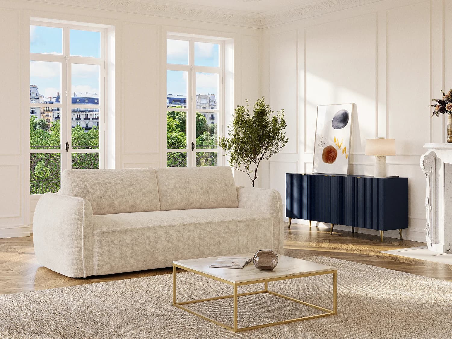 Canapé 3 places convertible express en tissu chenille beige - Couchage 140 cm - Matelas 13 cm SELIVO de Maison Céphy