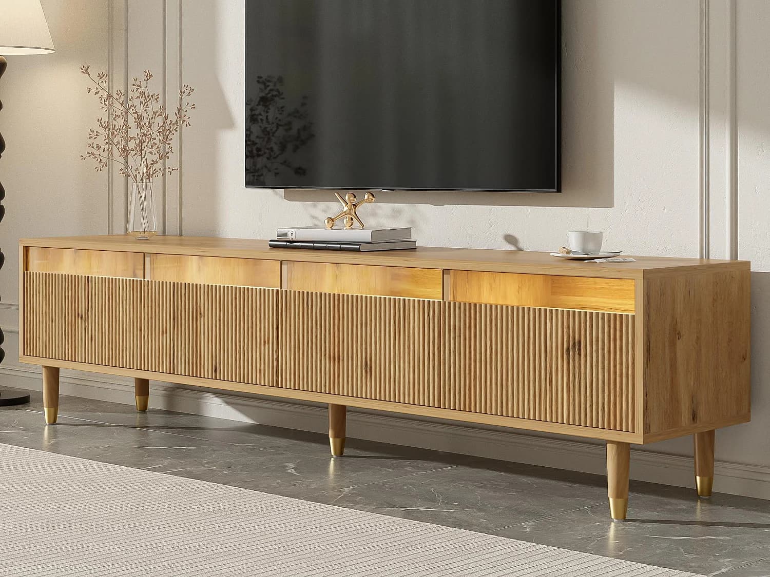 Meuble TV moderne 178x35x45cm - avec éclairage LED - 4 tiroirs - aspect bois - MDF - Naturel