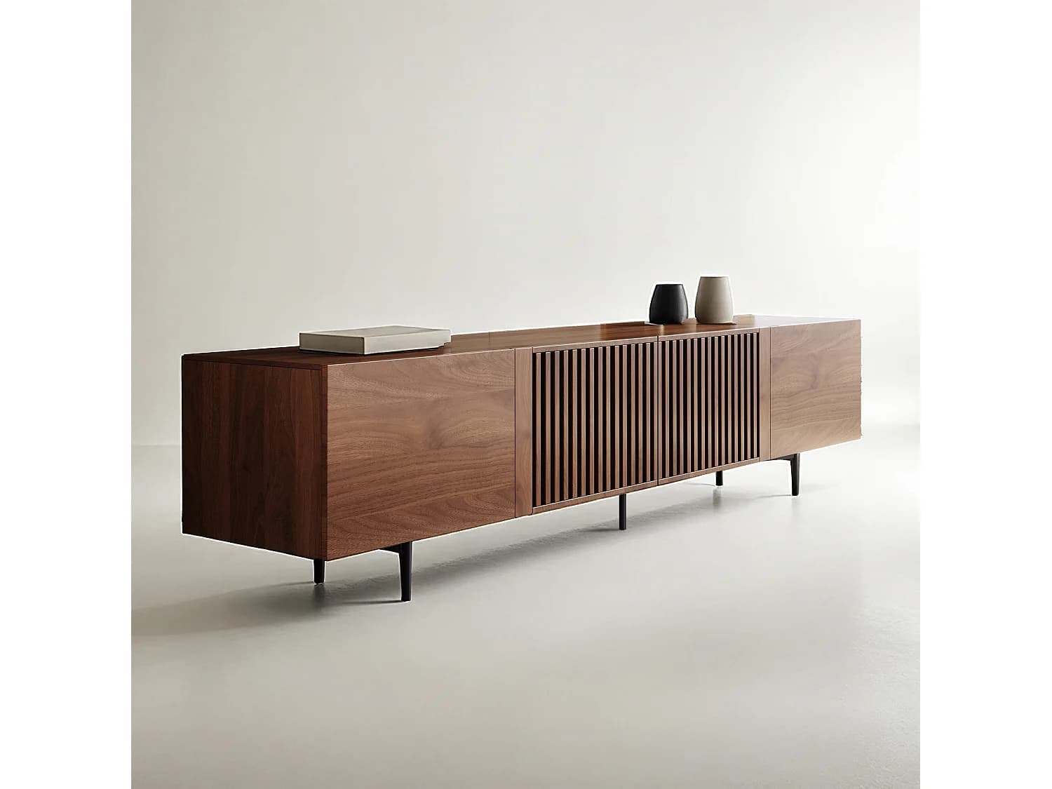 Meuble TV moderne 75", avec grand espace de rangement, console multimédia 240 cm, pour salon et chambre, couleur noyer