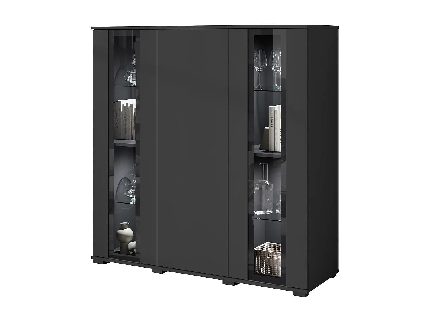 Buffet haut moderne 120 cm – vitrine haute pour salon avec vitrages, couleur noir mat
