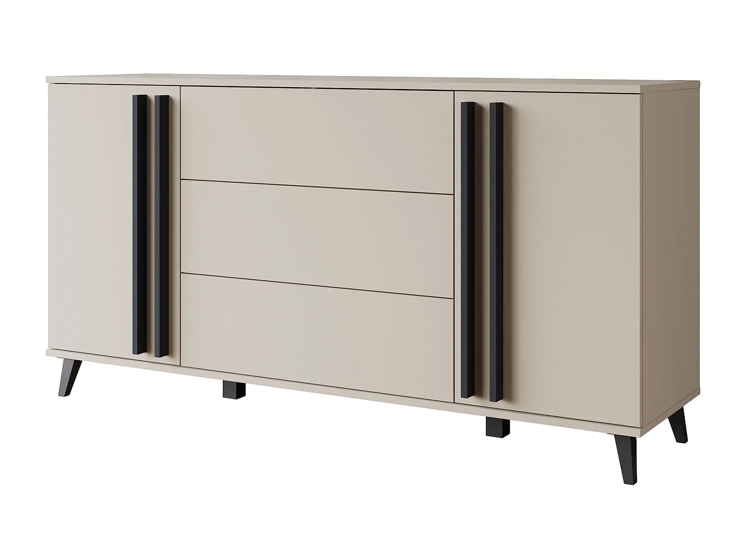 Buffet 150 cm sur pieds pour salon – moderne avec 3 tiroirs et 2 portes, mat Congo + poignées graphite noir