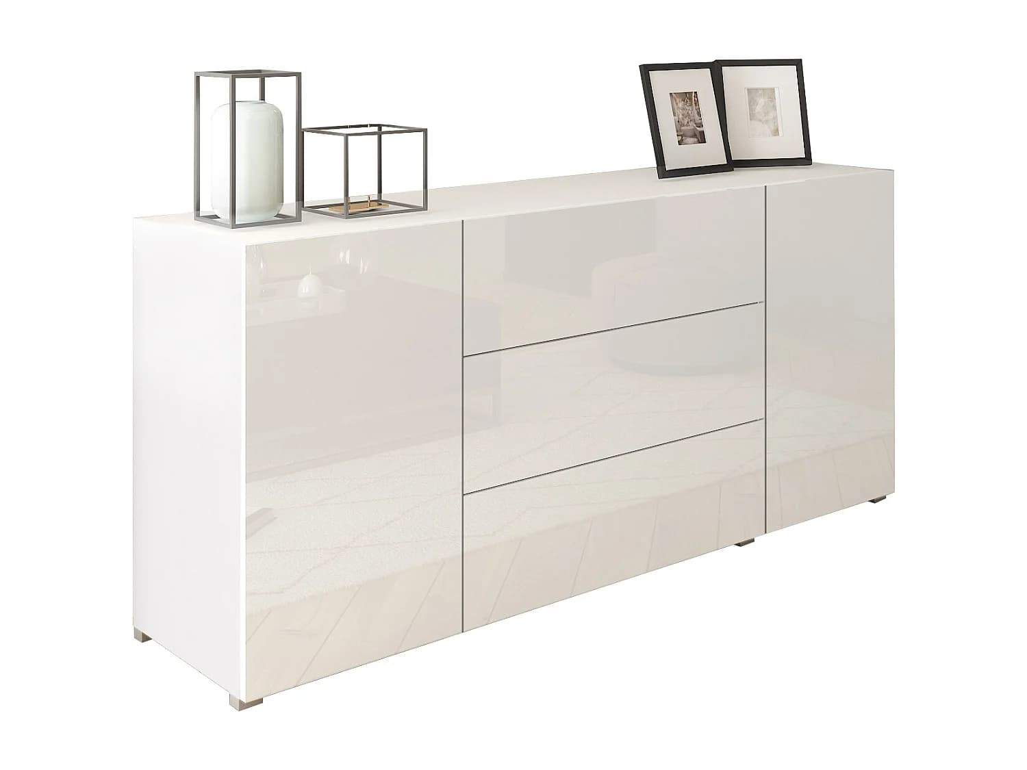 Buffet moderne 150 cm – sur pied, 3 tiroirs et 2 portes, corps blanc mat, façades blanc brillant
