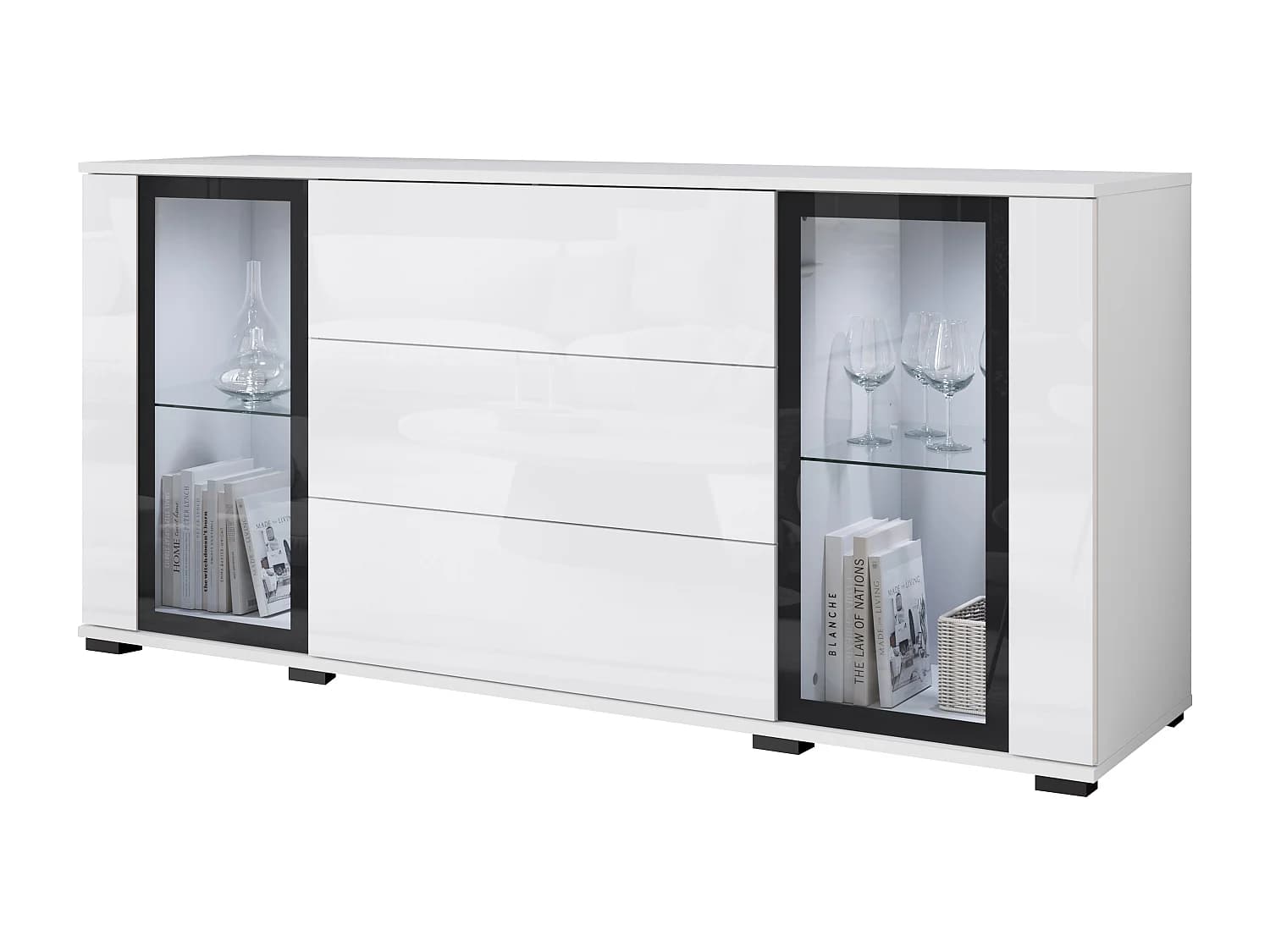 Buffet 150 cm pour salon – vitrine moderne avec vitrages et tiroirs corps blanc mat et façades blanc brillant