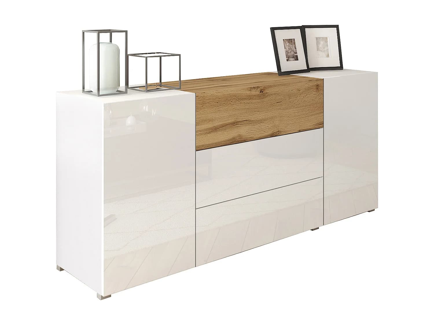 Buffet moderne 150 cm – sur pied, 3 tiroirs et 2 portes, corps blanc mat, façades blanc brillant, insert chêne wotan mat