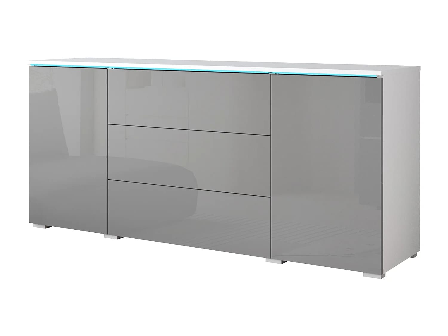 Buffet moderne 150 cm pour salon 3 tiroirs et 2 portes corps blanc mat et façades gris brillant