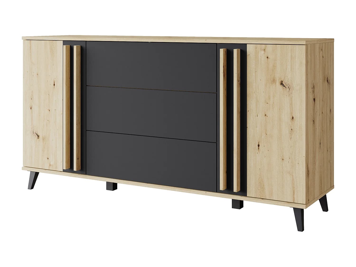 Buffet 150 cm sur pieds pour salon – moderne avec 3 tiroirs et 2 portes, mat Artisan + graphite noir