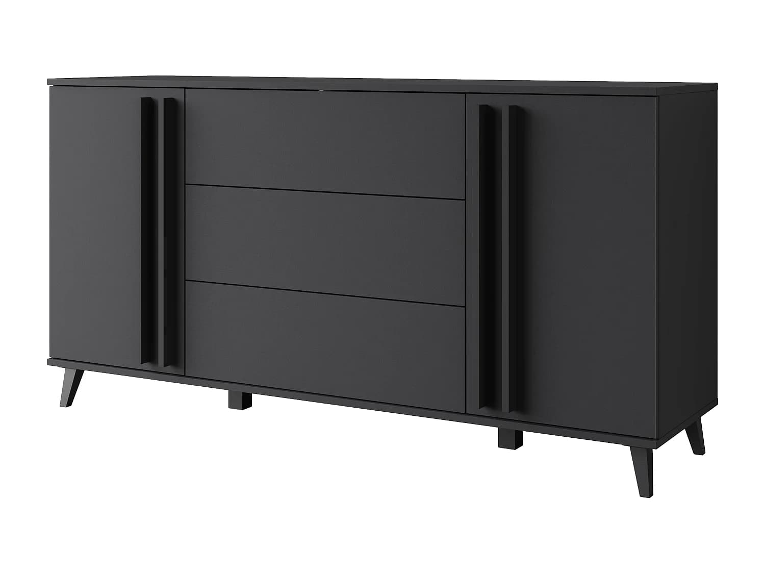 Buffet 150 cm sur pieds pour salon – moderne avec 3 tiroirs et 2 portes, mat graphite noir