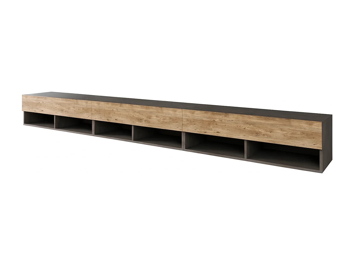 Meuble TV moderne 300 cm – sans poignées, corps anthracite Matera, façades châtaignier, mat, posé ou suspendu